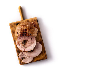 Stuffed chicken with nuts isolated on white background. Top view. Copy space