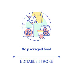 Fototapeta premium No packaged food concept icon. Environment polution. Healthy foods ideas. Vegan meals. Sustainable diet idea thin line illustration. Vector isolated outline RGB color drawing. Editable stroke