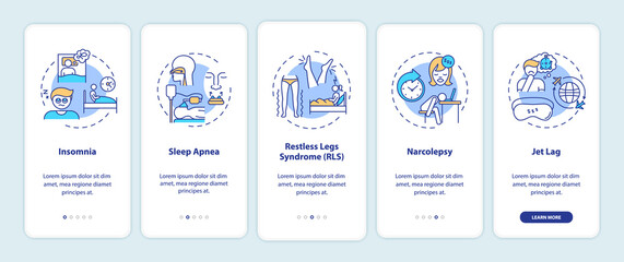 Sleep disorder types onboarding mobile app page screen with concepts. Problem with nighttime rest walkthrough 5 steps graphic instructions. UI vector template with RGB color illustrations