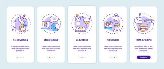 Sleep problems onboarding mobile app page screen with concepts. Healthcare issue. Sleep disorders walkthrough 5 steps graphic instructions. UI vector template with RGB color illustrations