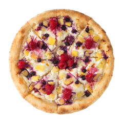 Fruit pizza with raspberries, blueberries and pieces of pineapple.