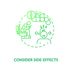Consider side-effects concept icon. Adequate vitamins intake idea thin line illustration. Headache. Significant discomfort. Serious problems. Vector isolated outline RGB color drawing.