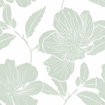 Anemones deisy camomile flower with buds and leaves illustration. Simple line mint seamless pattern.