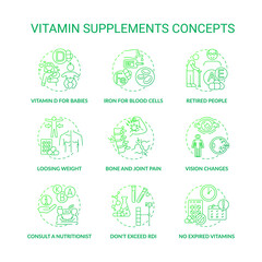 Vitamin supplements concept icons set. Benefits, consumption tips idea thin line RGB color illustrations. Consult nutritionist. Exceed RDI. No expired vitamins. Vector isolated outline drawings.