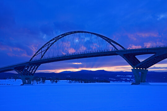Lake Champlain Bridge connecting New York and Vermont States at dusk