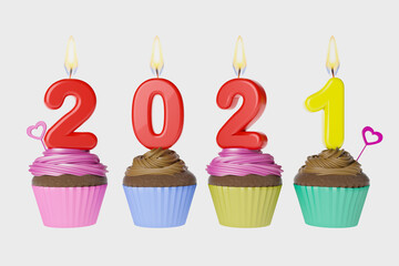 Cup Cakes with 2021 candles on isolated colorful background. Happy New Year theme. 3D Illustration