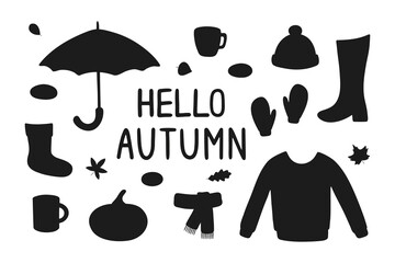 Cozy autumn. Set of elements. Cute umbrella, sock, hat, sweater, scarf, boot, mittens, pumpkin, cups, leaves, cookies. Black vector illustration isolated on white.