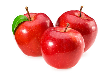 red apples with green leaves isolated on a white background