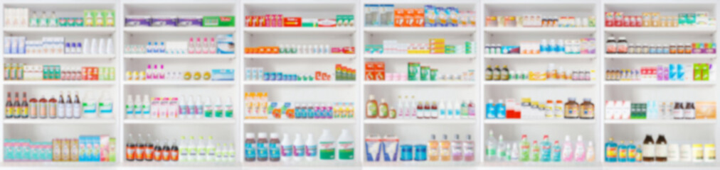 pharmacy drugstore shelves blur pharmaceutical medicine product background
