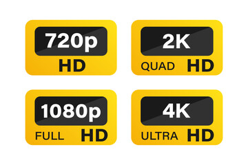 Video dimension labels. Video resolution 720, 1080, 2k, 4k, badges. Quality of display and monitor. Full HD sign.