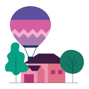 Hot Air Balloon Pink House And Trees Design Of Transportation Adventure Freedom Journey Travel Up Airship And Trip Theme Vector Illustration