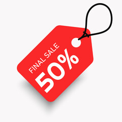 Simple standart red label 50% off with rope for shop, store and business. Sale label design template.