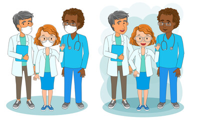 Team of medics different nationalities and skin colors. Vector illustration of medical people characters in white medical face mask. Stop Coronavirus 2019-nCoV concept.