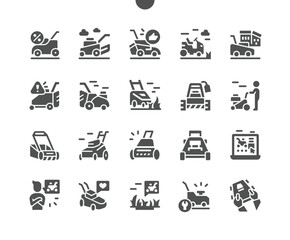 Lawn mover on grass. Machine for cutting lawns. Equipment for lawn and grass. Vector Solid Icons. Simple Pictogram