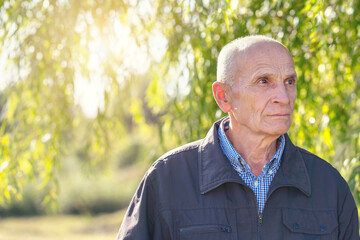 portrait of older grey haired man under willow tree and sunlight in city park side view