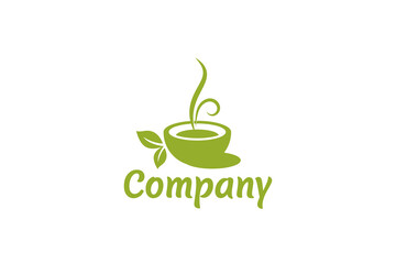 a simple herbal tea logo vector graphic with a cup of tea and leaves.