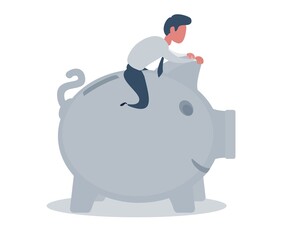 Businessman sitting on a piggy bank. Banking concept. Shades of gray.