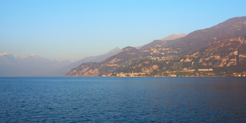 Fototapeta premium Panoramic view of Lake Como at sunset in Italy in the winter season.
