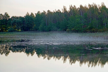Foggy morning over the lake in September. Indian summer and sunrise. Warm beautiful autumn Landscape.