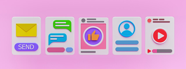 minimal social media apps interface. mail, chat, like, login page, video play icons on pastel pink background. trendy horizontal banner. 3d rendering © FOTOSPLASH