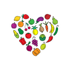 Healthy food vector icons. Fruits and vegetables vector icons. Love healthy food.