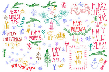 Hand drawn colorful doodle vector christmas drawings.