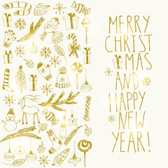 Hand drawn doodle christmas and new year card in shiny gold