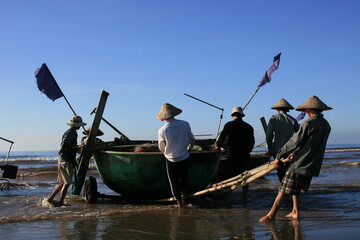 Nam Dinh, VIETNAM - August 1 :. Fishermen working in the fishing village of Hai Hau, Vietnam on...