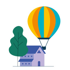 Hot air balloon house and tree design of Transportation adventure freedom journey travel up airship and trip theme Vector illustration