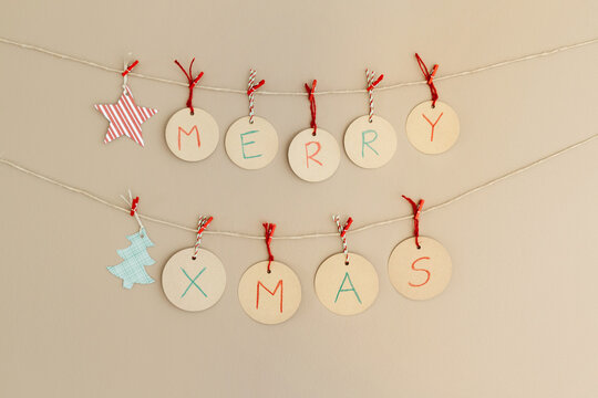 Merry Xmas spelled out on handmade banner