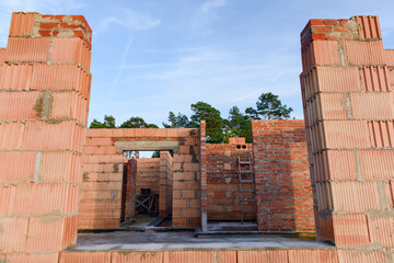 Interior of a Unfinished Red Brick House Walls under Construction without Roofing