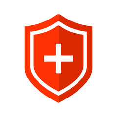 Obraz premium Immune system vector icon logo. Protection against bacteria health viruses. Medical prevention of human germs.Red shield with a white cross and a virus on a white background. Vector illustration