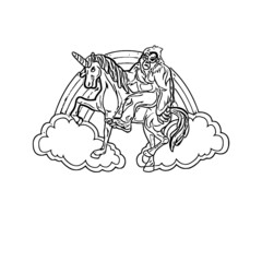 bigfoot riding unicorn mens unicorn design Coloring book animals vector illustration