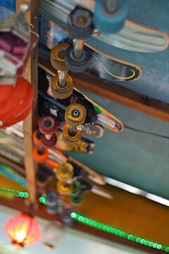 Row of skateboards in decor