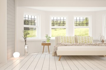 Stylish bedroom in white color with summer landscape in window. Scandinavian interior design. 3D illustration