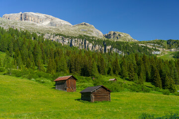 Mountain landscape along the road to Campolongo pass, Dolomites