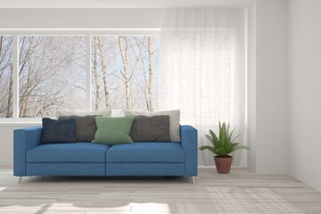 White living room with sofa and winter landscape in window. Scandinavian interior design. 3D illustration