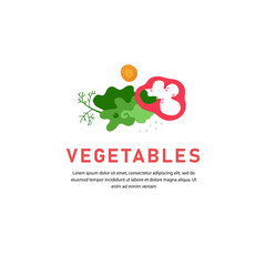 Vector vegetable composition for banner design. Pepper, lettuce leafs and carrot done for salad for salad isolated white background. Food elements for menu, label, flyer. Fresh green lettuce.