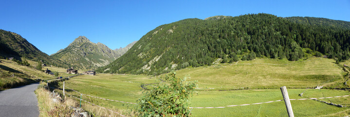 Panoramic view of the valley, landscape and nature of Vall d'Incles, Pyrenees, Andorra.