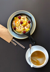 Pan top view dessert coffee latte cappuccino cup berries cheesecake pancake dutch matcha