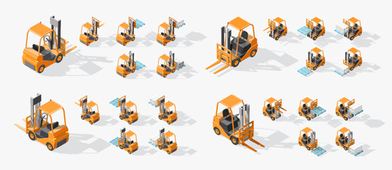 Isometric set Forklift truck with pallet and boxes isolated on white background with shadow. Fork loader, logistics company, warehouse. 3D Cargo delivery. Forklift with the fork raised and lowered