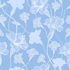 Seamless pattern with abstract flowers, on blue background. Hand-drawn line art plants and silhouettes. Ornament for wallpaper, wrapping paper, packaging, textiles, clothing prints.Easy to change edit