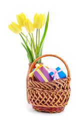 Bouquet tulips with gift.