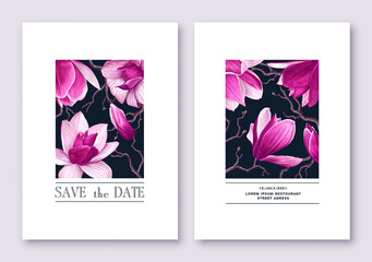 Save the date cards templates with spring pink magnolia flowers blooming on graphic branches. Minimalist design with vector realistic flowers. Feel free to use these templates for social media posts 