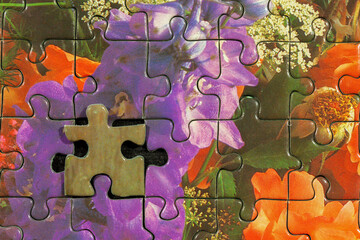Disassembled puzzle with a last wrong piece impossible to fill
