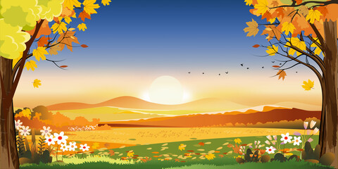 Autumn landscapes of Countryside with sunset and blue and pink sky,Panoramic of mid autumn with farm field, mountains, leaves falling from trees in orange foliage. Wonderland in fall season