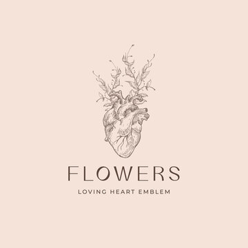 Abstract Vector Romantic Sign, Symbol or Logo Template. Anatomical Heart Sketch Illustration with Flowers Branches and Classy Typography. Premium Quality Holiday Decoration Card.
