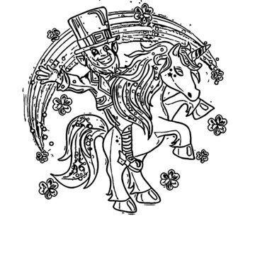 leprechaun riding unicorn st patricks day mens longsleeve shirt Coloring book animals vector illustration