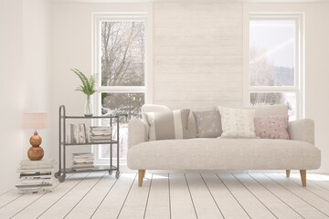 White living room with sofa and winter landscape in window. Scandinavian interior design. 3D illustration