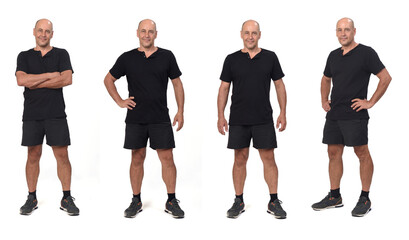 front view of a same man wearing sports shirt and shorts, various poses on white background,